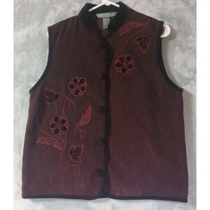 Jessica Holbrook Womens L‎ Vest Velour Quilted Floral Embroidered Burgandy
